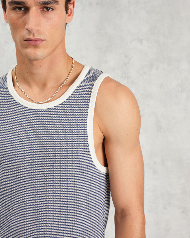 wax london Montague - Blue And Ecru Striped Ribbed Organic Cotton Vest