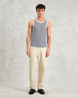 wax london Montague - Blue And Ecru Striped Ribbed Organic Cotton Vest