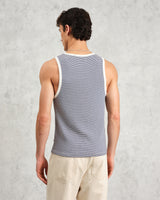 wax london Montague - Blue And Ecru Striped Ribbed Organic Cotton Vest