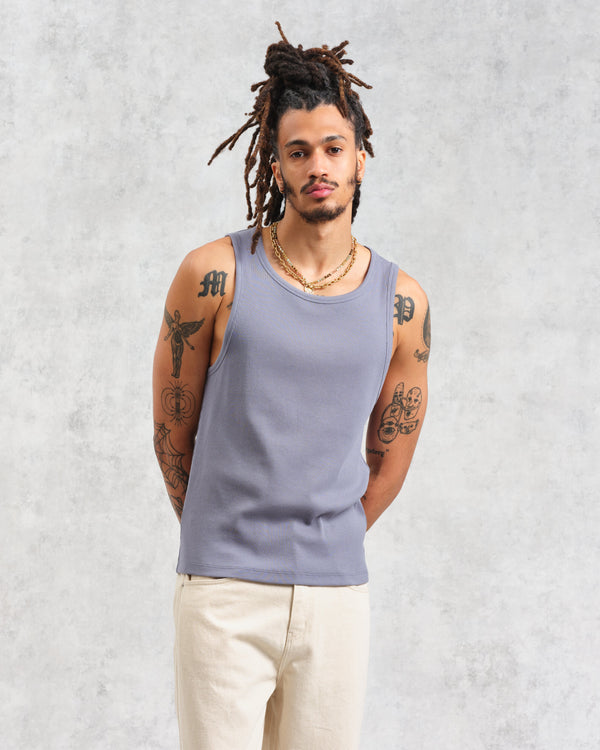 wax london men's Montague - Blue Ribbed Organic Cotton Vest