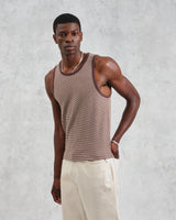 wax london Montague - Brown And Ecru Striped Ribbed Organic Cotton Vest