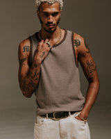 wax london Montague - Brown And Ecru Striped Ribbed Organic Cotton Vest