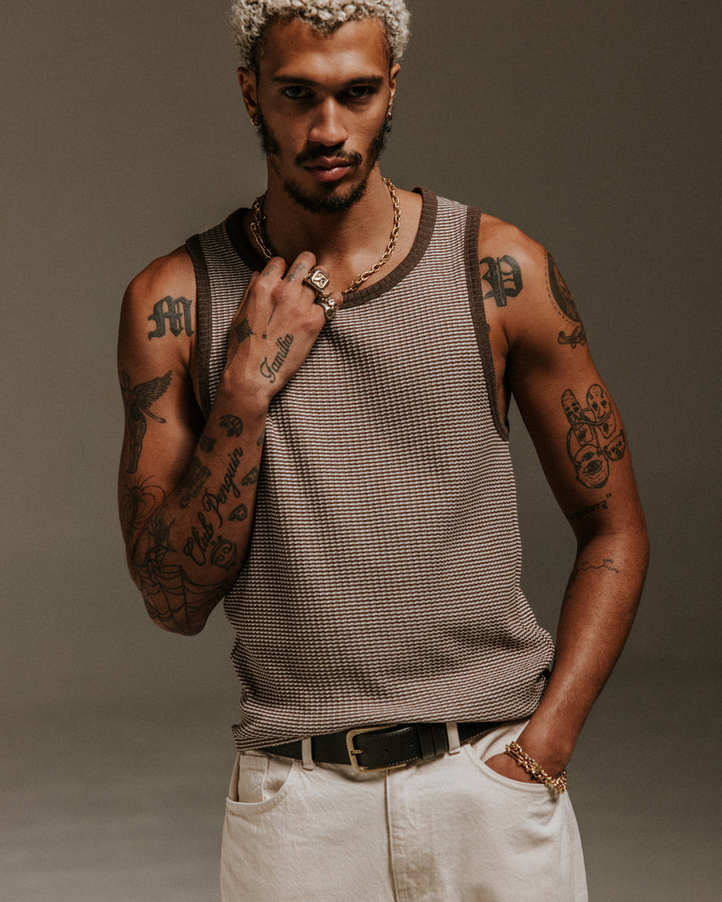 wax london Montague - Brown And Ecru Striped Ribbed Organic Cotton Vest