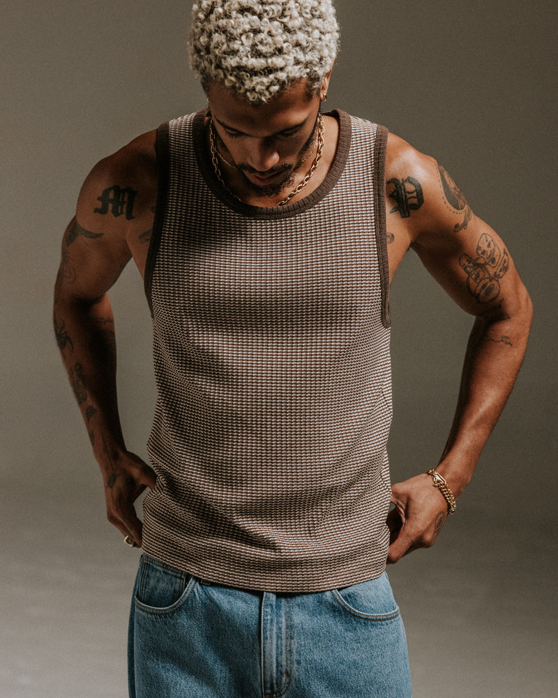 wax london Montague - Brown And Ecru Striped Ribbed Organic Cotton Vest