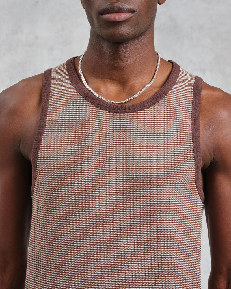 wax london Montague - Brown And Ecru Striped Ribbed Organic Cotton Vest