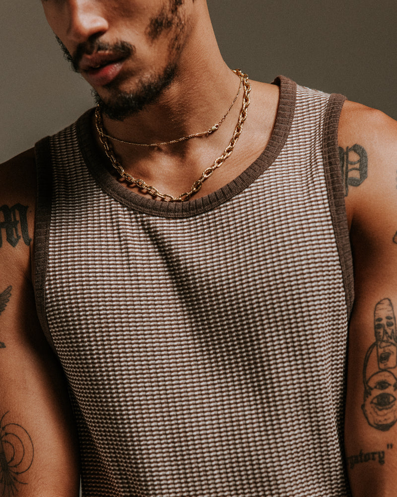 wax london Montague - Brown And Ecru Striped Ribbed Organic Cotton Vest