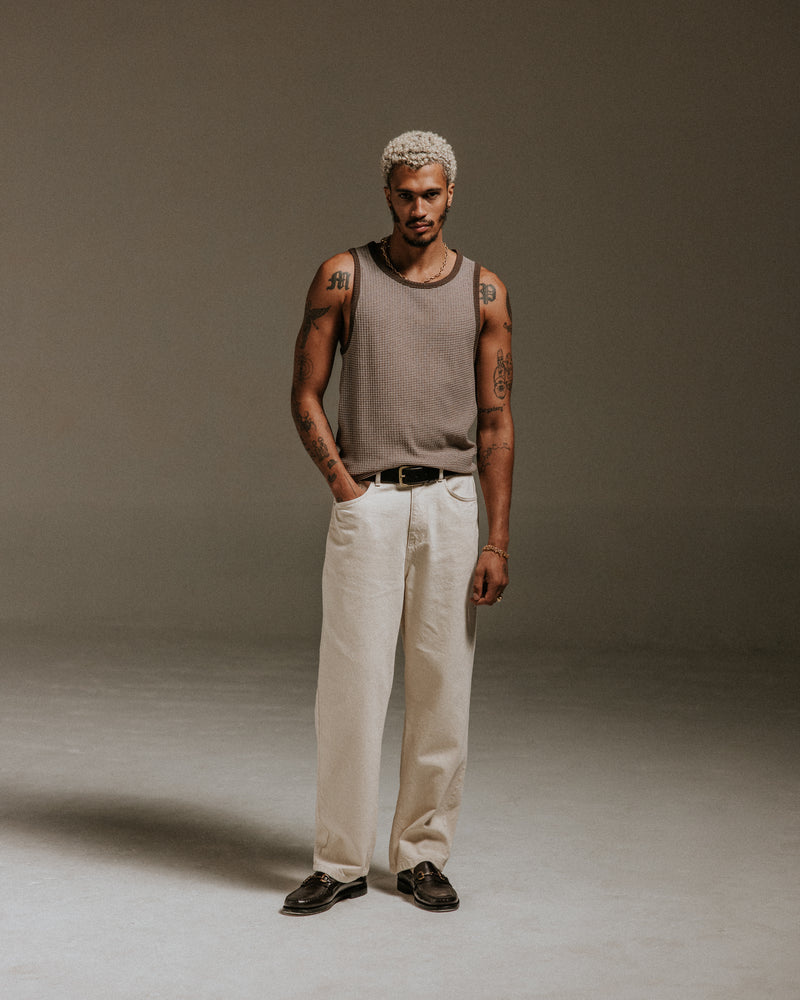 wax london Montague - Brown And Ecru Striped Ribbed Organic Cotton Vest