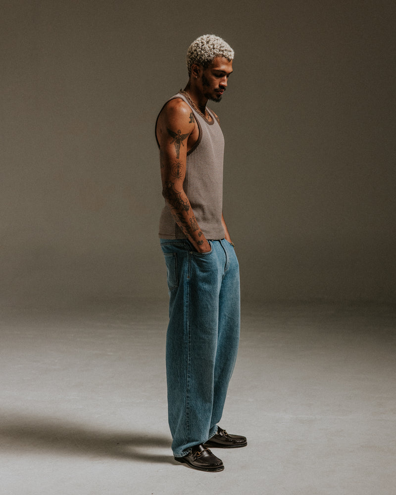 wax london Montague - Brown And Ecru Striped Ribbed Organic Cotton Vest