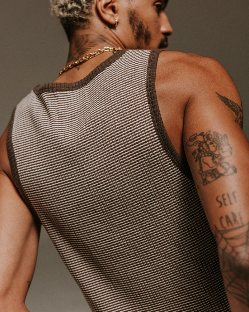 wax london Montague - Brown And Ecru Striped Ribbed Organic Cotton Vest