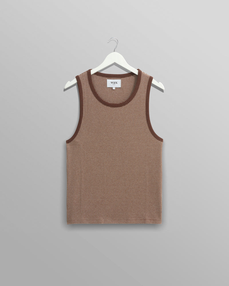 wax london Montague - Brown And Ecru Striped Ribbed Organic Cotton Vest