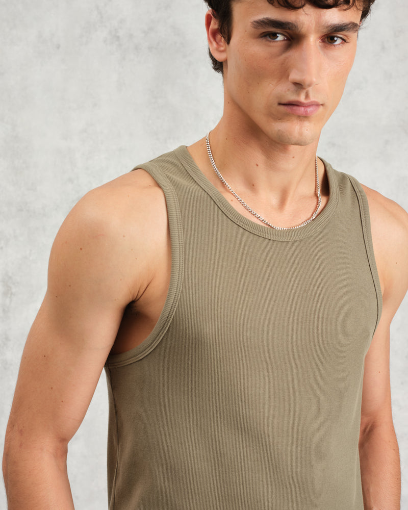 wax london Montague - Khaki Ribbed Organic Cotton Vest