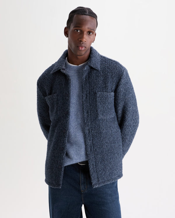 wax london men's Mount - Grey Blue Reversible Boucle Wool Overshirt