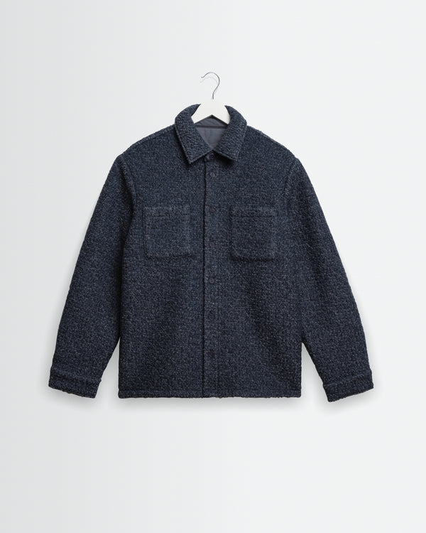 wax london men's Mount - Grey Blue Reversible Boucle Wool Overshirt