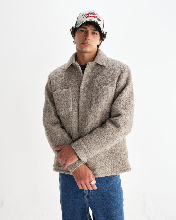 wax london men's Mount - Natural Reversible Boucle Wool Overshirt