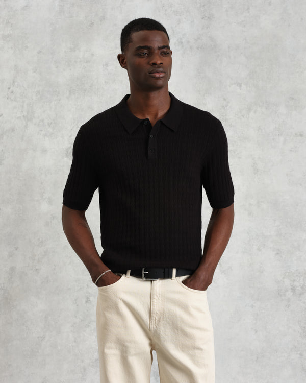wax london men's Naples - Black Diamond Stripe Knitted Polo