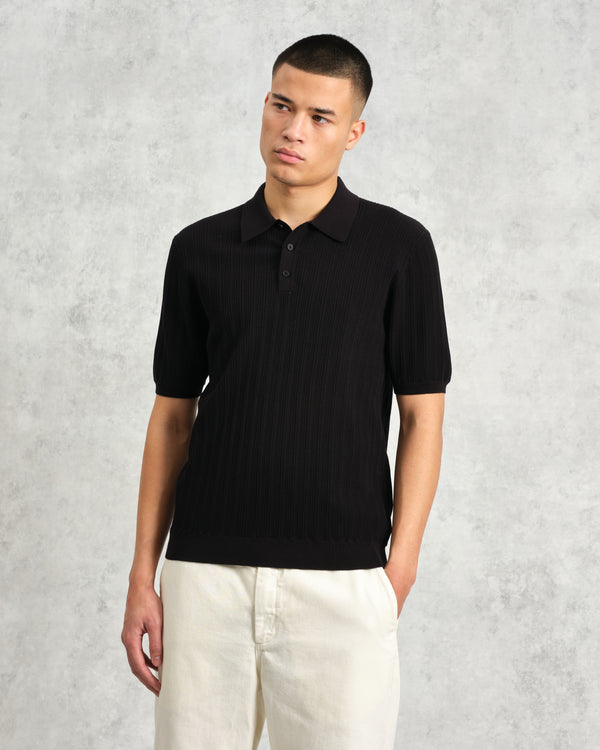 wax london men's Naples - Black Textured Knitted Polo Shirt