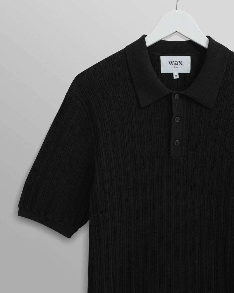 wax london Naples - Black Textured Knitted Polo Shirt