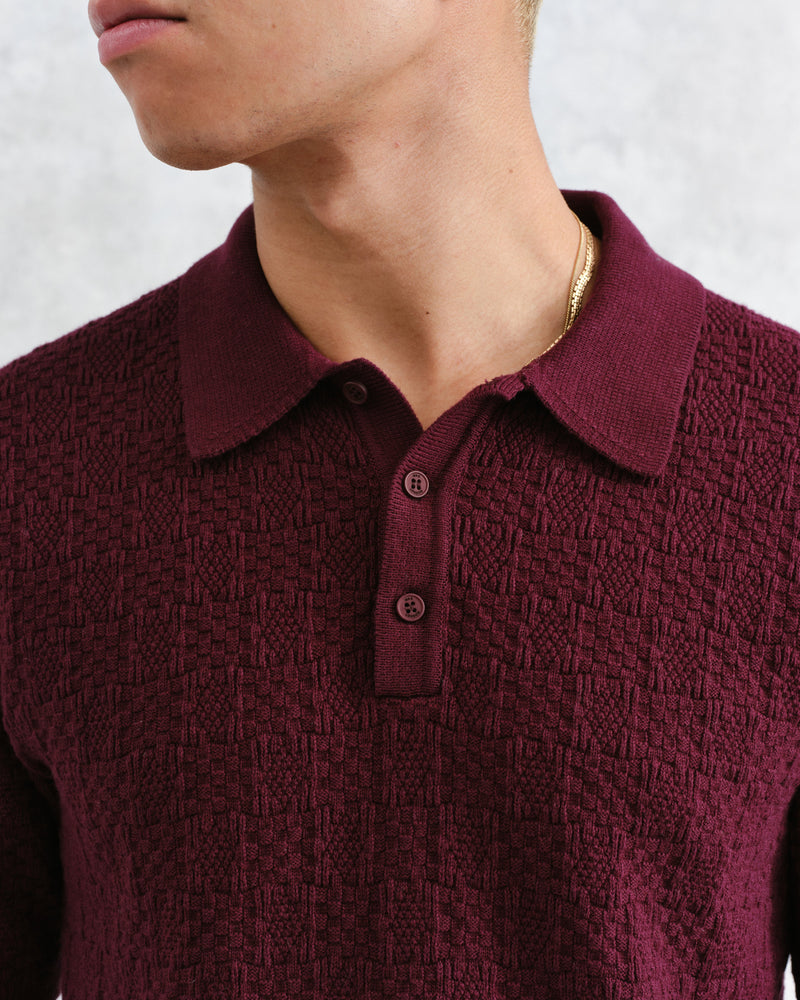 wax london Naples - Burgundy Textured-Check Knitted Polo Shirt