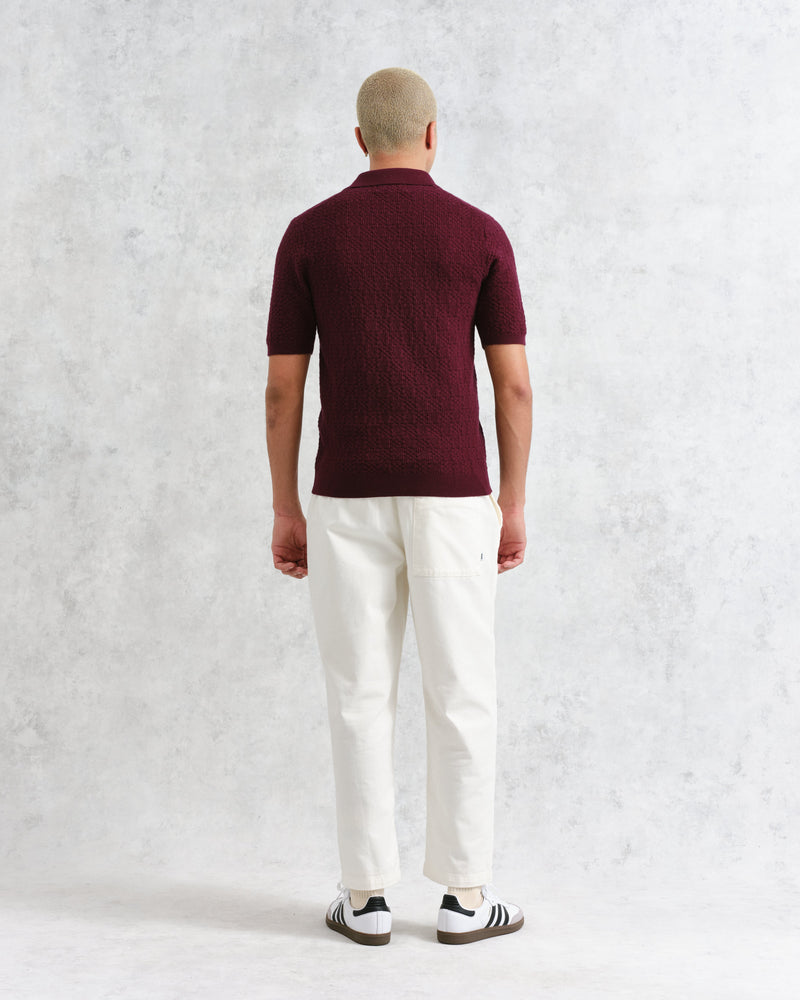 wax london Naples - Burgundy Textured-Check Knitted Polo Shirt