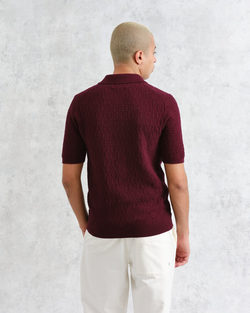 wax london Naples - Burgundy Textured-Check Knitted Polo Shirt