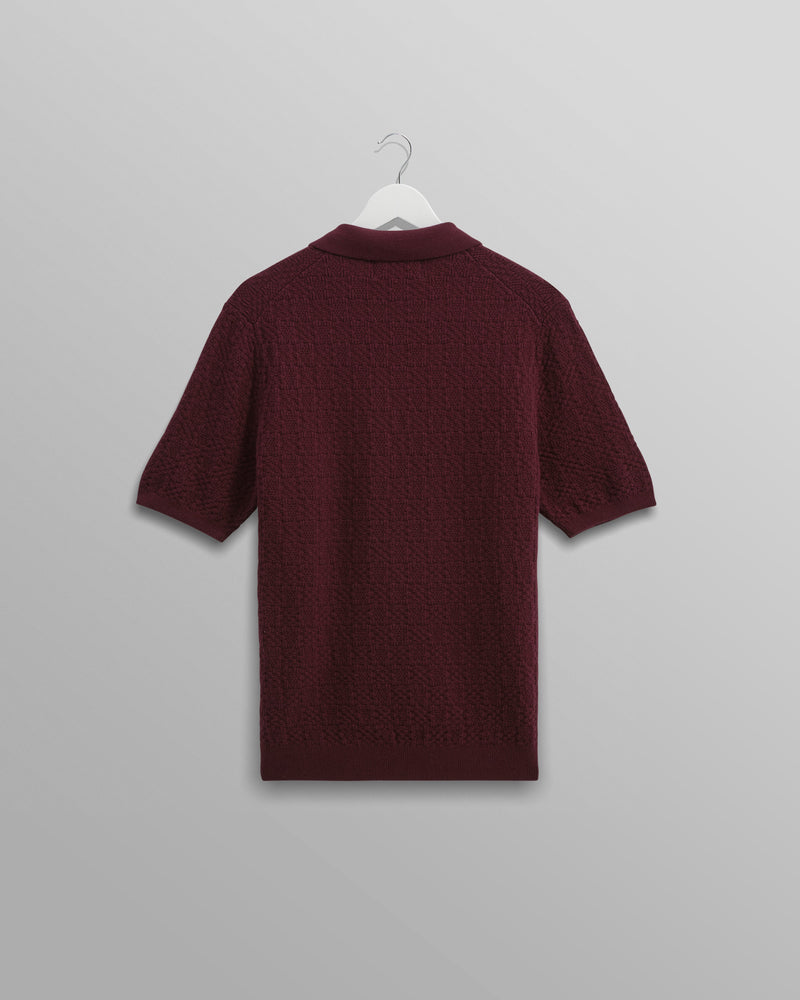 wax london Naples - Burgundy Textured-Check Knitted Polo Shirt