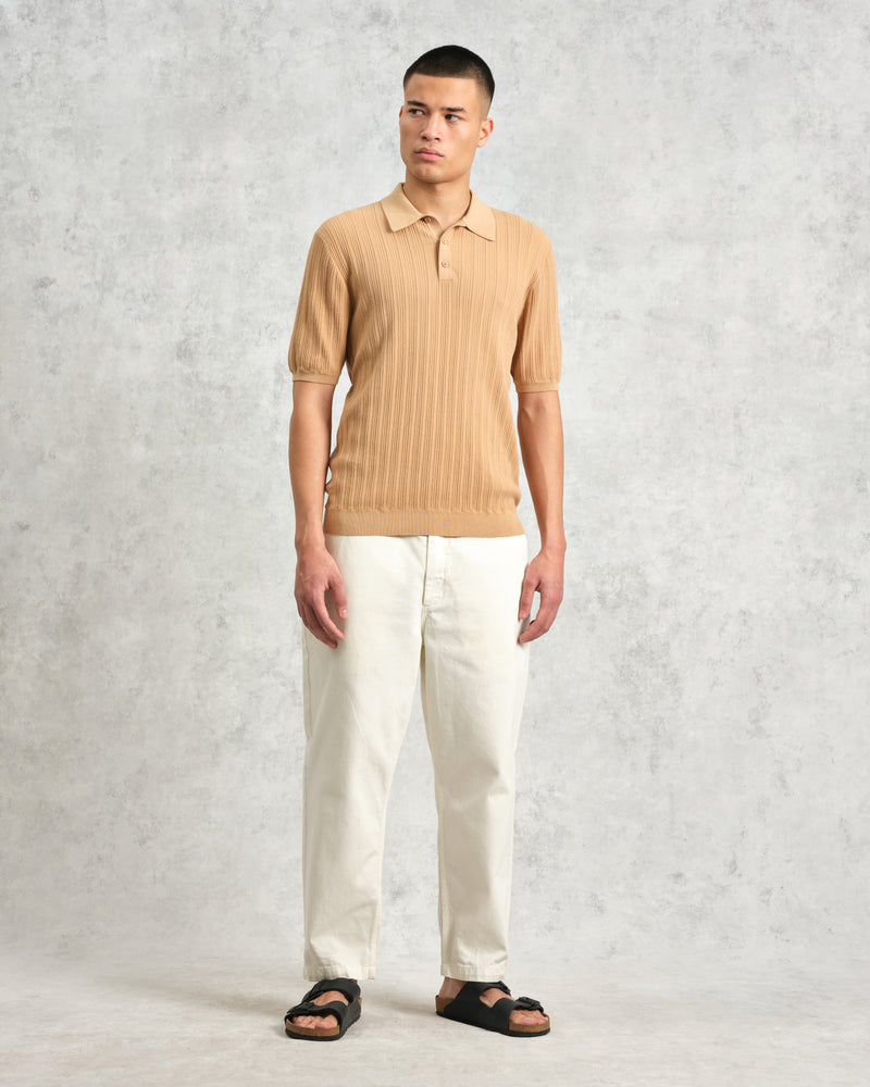 wax london men's Naples - Camel Textured Knitted Polo Shirt