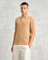 wax london Naples - Camel Textured Vertical Knitted Polo Shirt