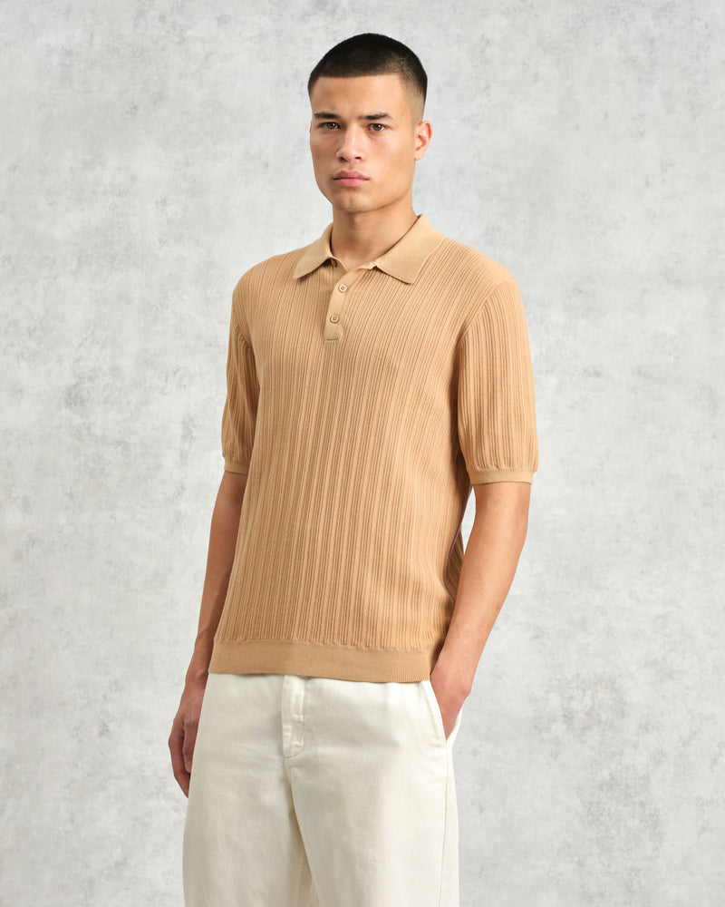 wax london Naples - Camel Textured Vertical Knitted Polo Shirt