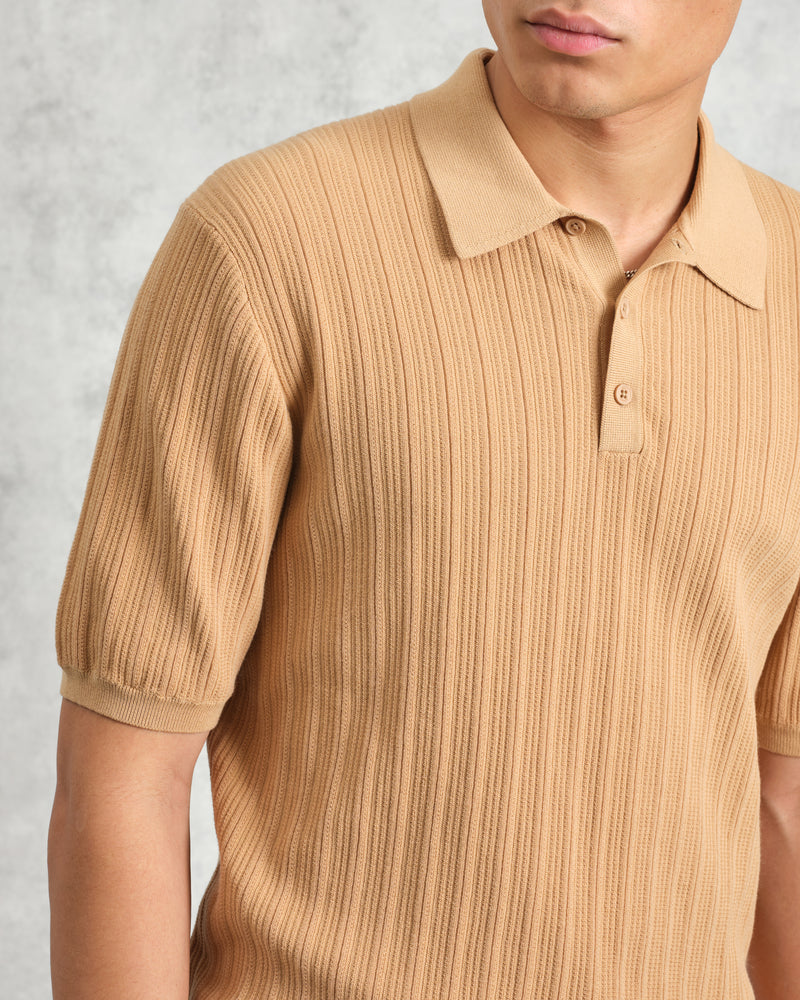 wax london Naples - Camel Textured Vertical Knitted Polo Shirt