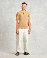 wax london Naples - Camel Textured Vertical Knitted Polo Shirt