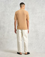 wax london Naples - Camel Textured Vertical Knitted Polo Shirt