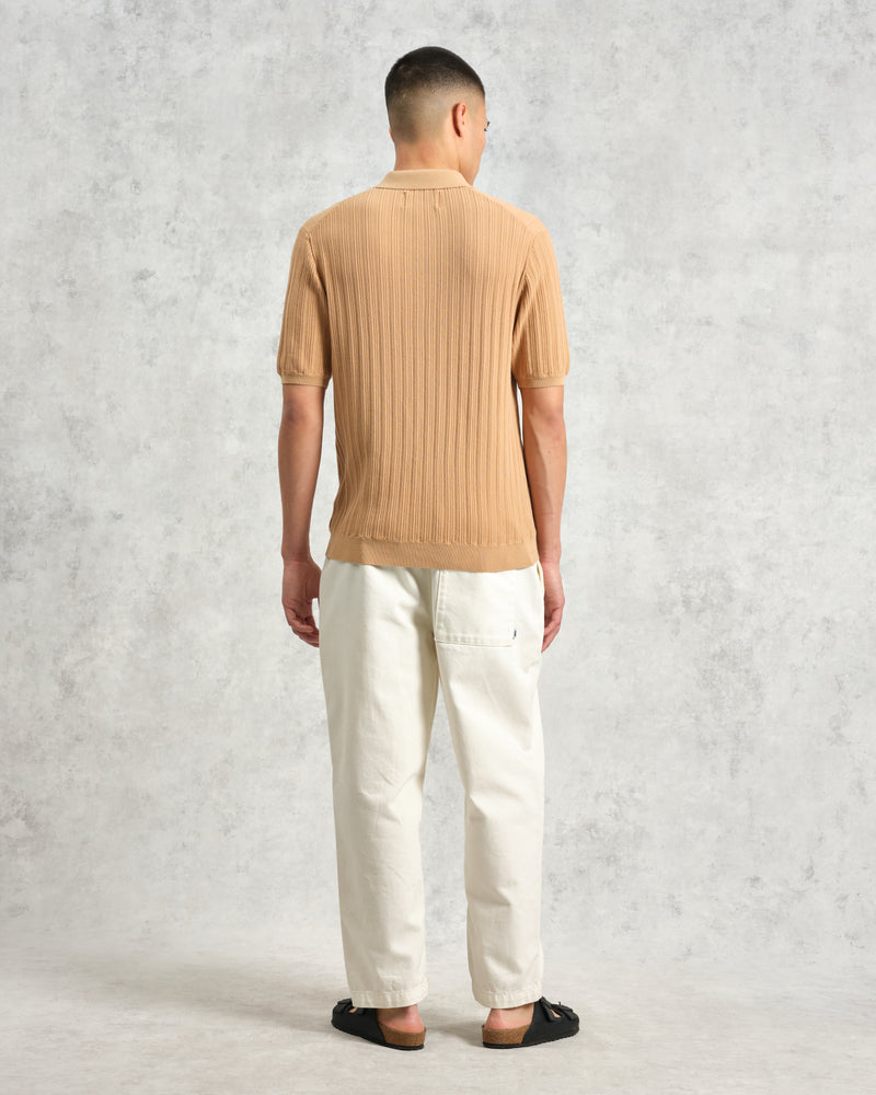 wax london Naples - Camel Textured Vertical Knitted Polo Shirt