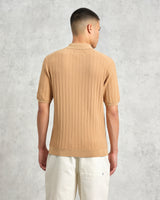 wax london Naples - Camel Textured Vertical Knitted Polo Shirt