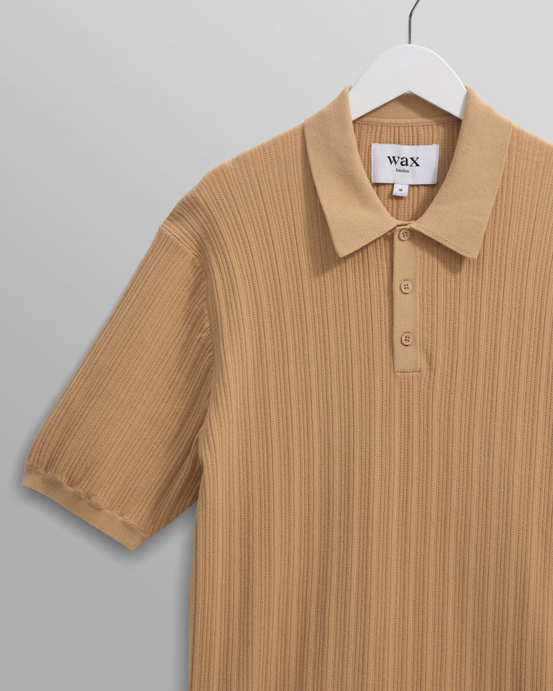 wax london Naples - Camel Textured Vertical Knitted Polo Shirt