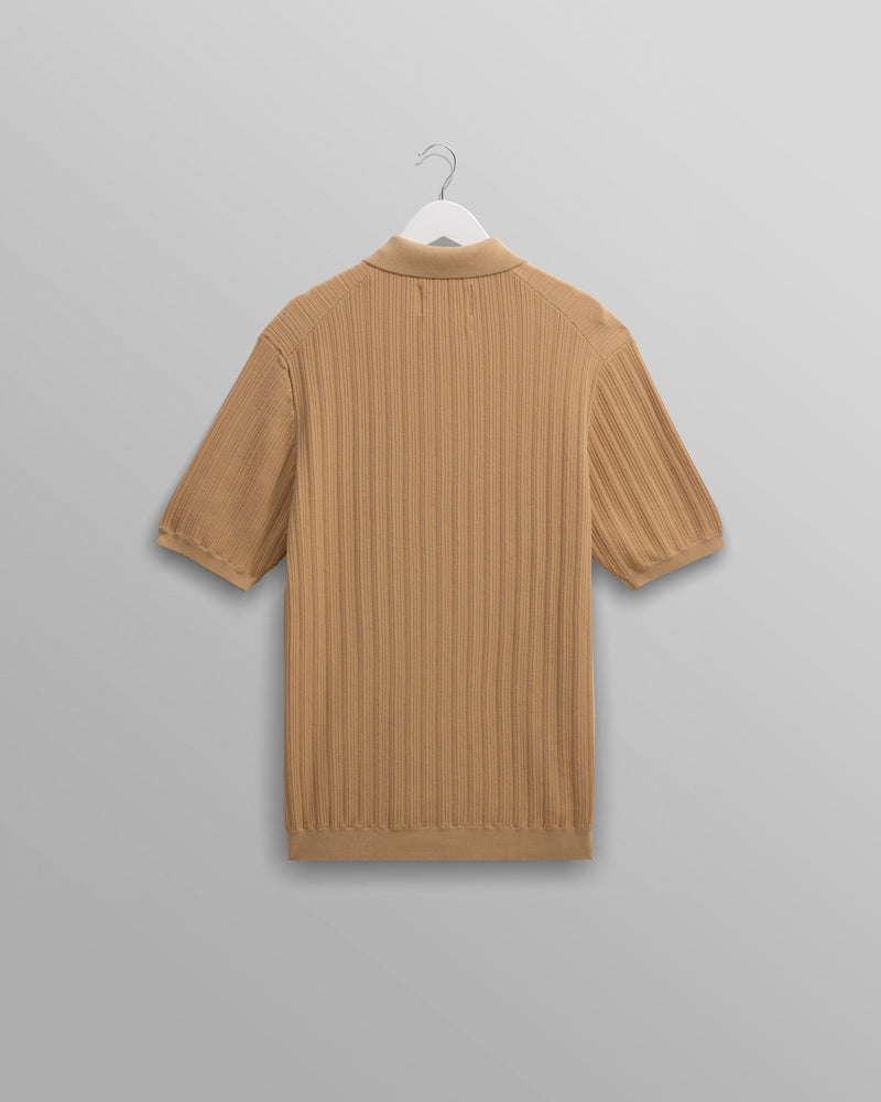 wax london Naples - Camel Textured Vertical Knitted Polo Shirt