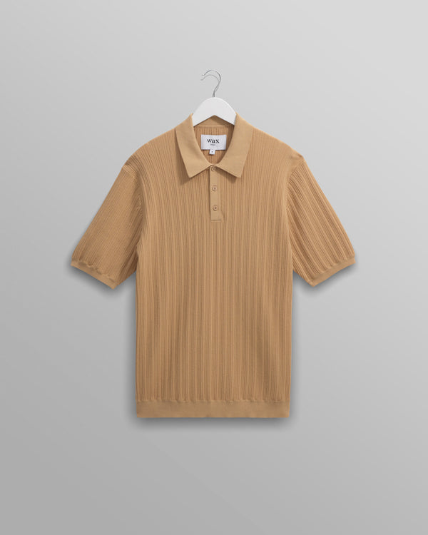 wax london men's Naples - Camel Textured Knitted Polo Shirt