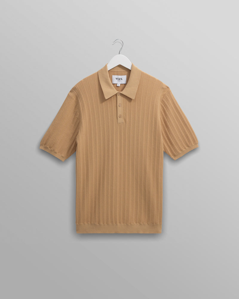 wax london Naples - Camel Textured Vertical Knitted Polo Shirt