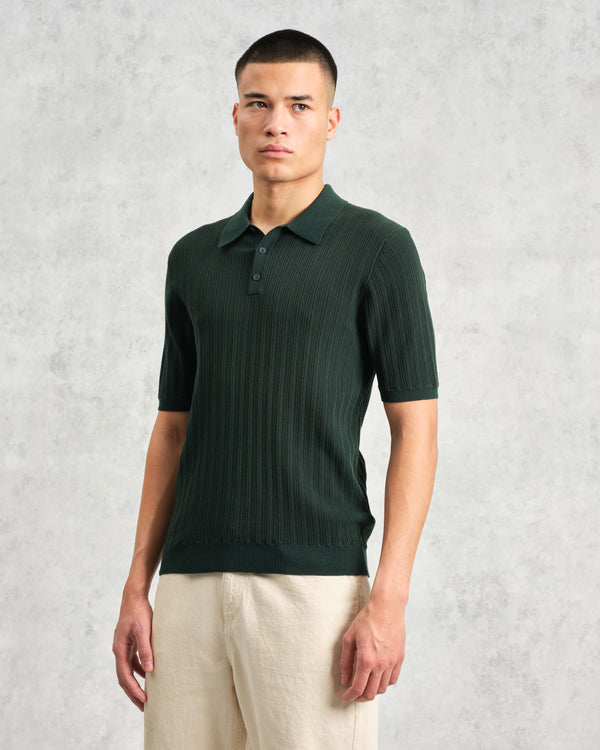 wax london Naples - Dark Green Textured Knitted Polo Shirt