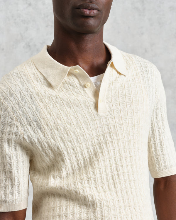 wax london men's Naples - Ecru Diamond Stripe Knitted Polo