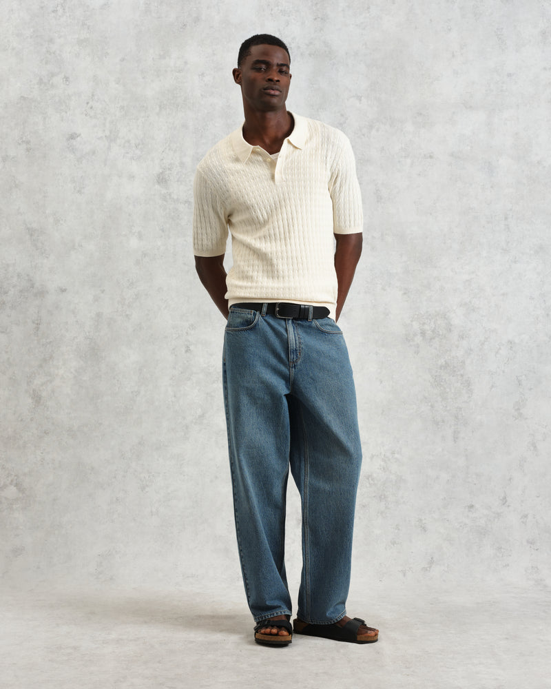 wax london men's Naples - Ecru Diamond Stripe Knitted Polo