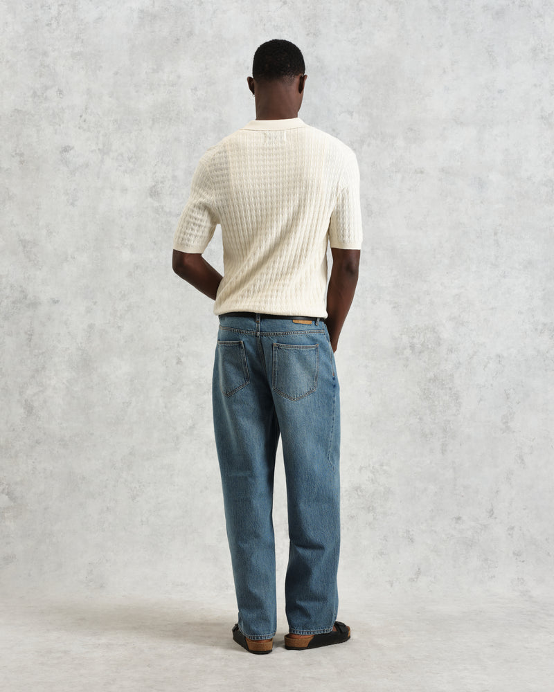 wax london men's Naples - Ecru Diamond Stripe Knitted Polo