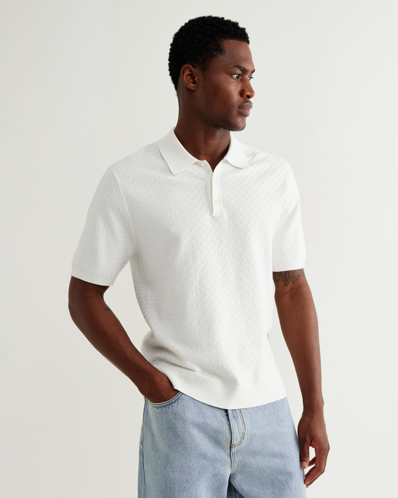 Men's Ecru Retro Diamond Knitted Polo | Wax London
