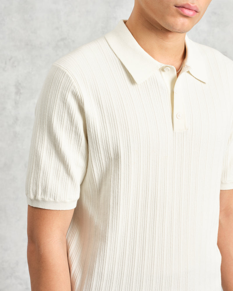 wax london Naples - Ecru Textured Knitted Polo Shirt