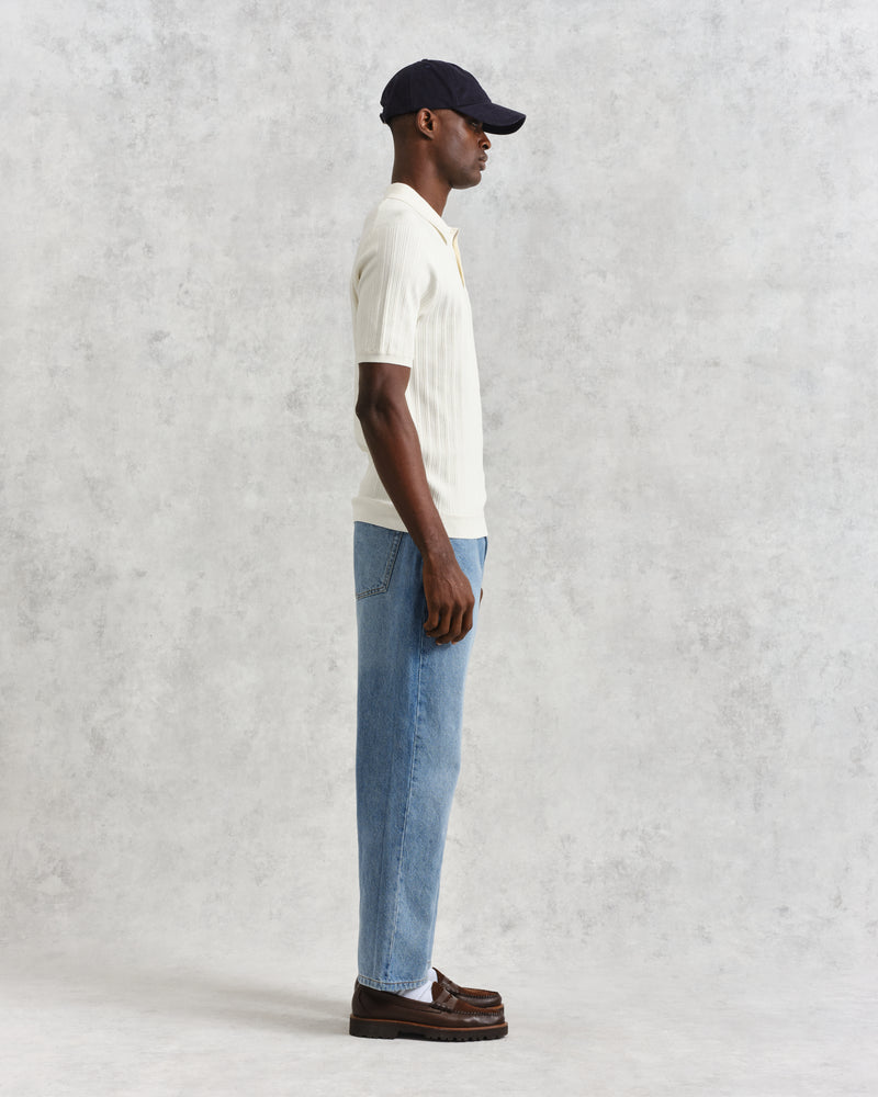 wax london men's Naples - Ecru Textured Knitted Polo Shirt