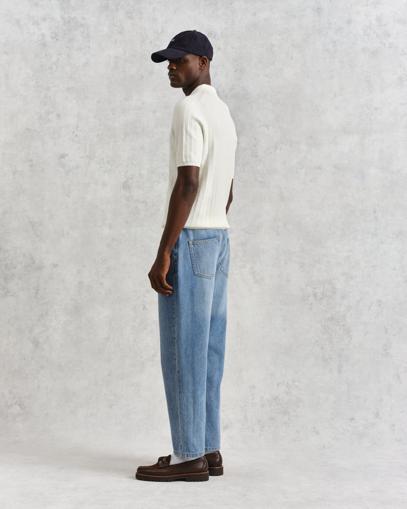 wax london men's Naples - Ecru Textured Knitted Polo Shirt