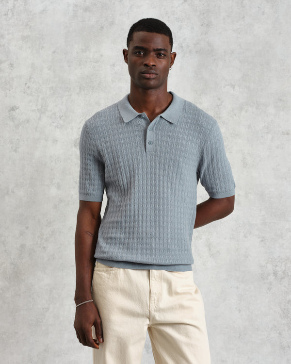 wax london men's Naples - Grey Blue Diamond Stripe Knitted Polo