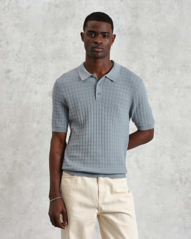 wax london Naples - Grey Blue Diamond Stripe Knitted Polo
