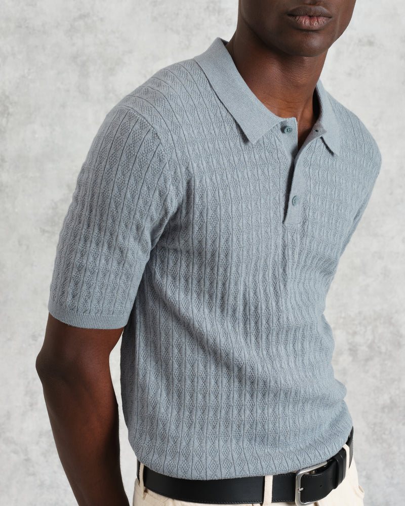 wax london Naples - Grey Blue Diamond Stripe Knitted Polo