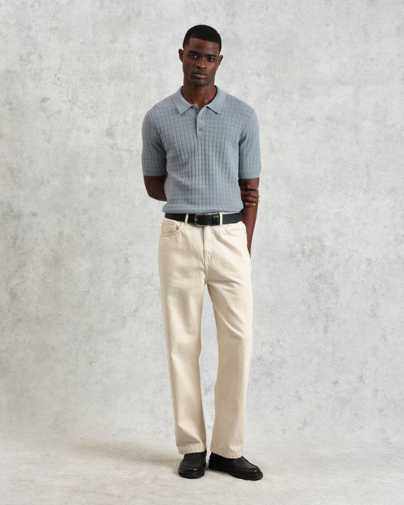 wax london Naples - Grey Blue Diamond Stripe Knitted Polo