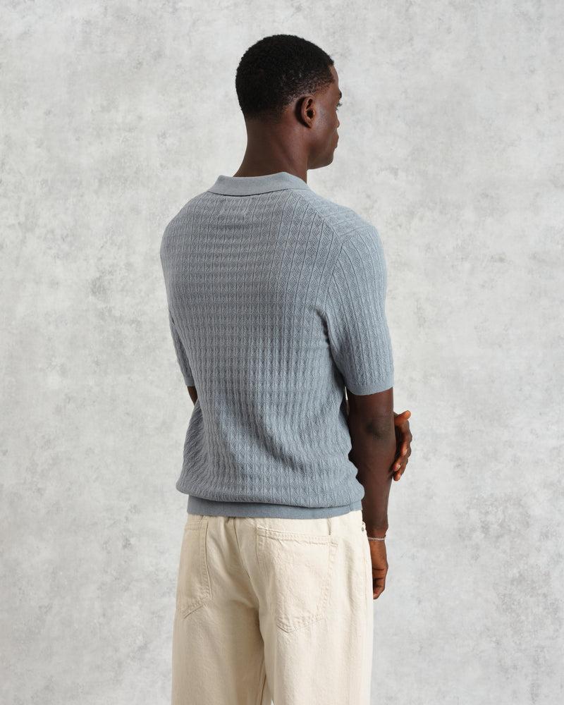 wax london Naples - Grey Blue Diamond Stripe Knitted Polo